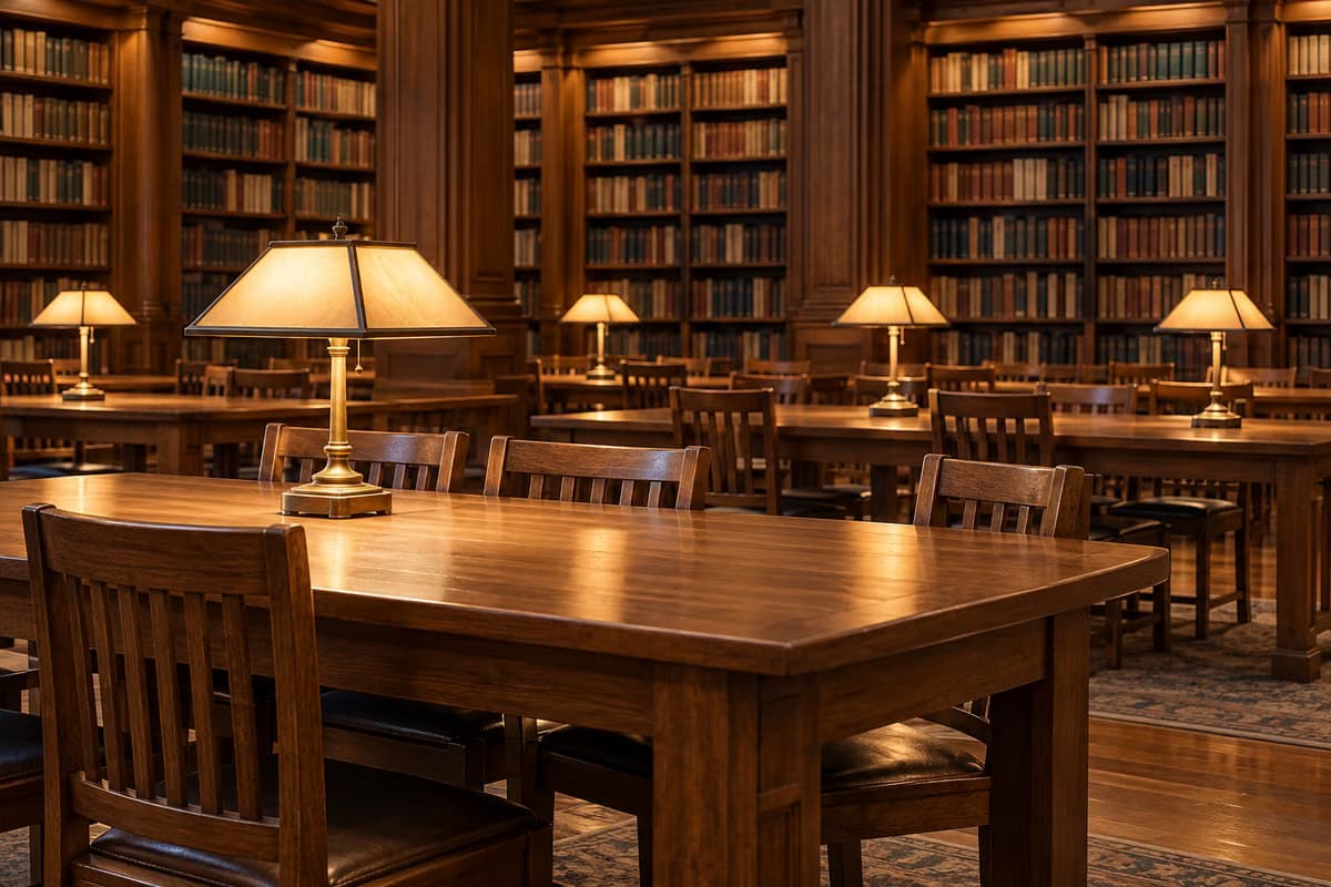Pusta czytelnia biblioteki z drewnianymi stołami, krzesłami i mosiężnymi lampkami do czytania przed wysokimi regałami pełnymi książek.