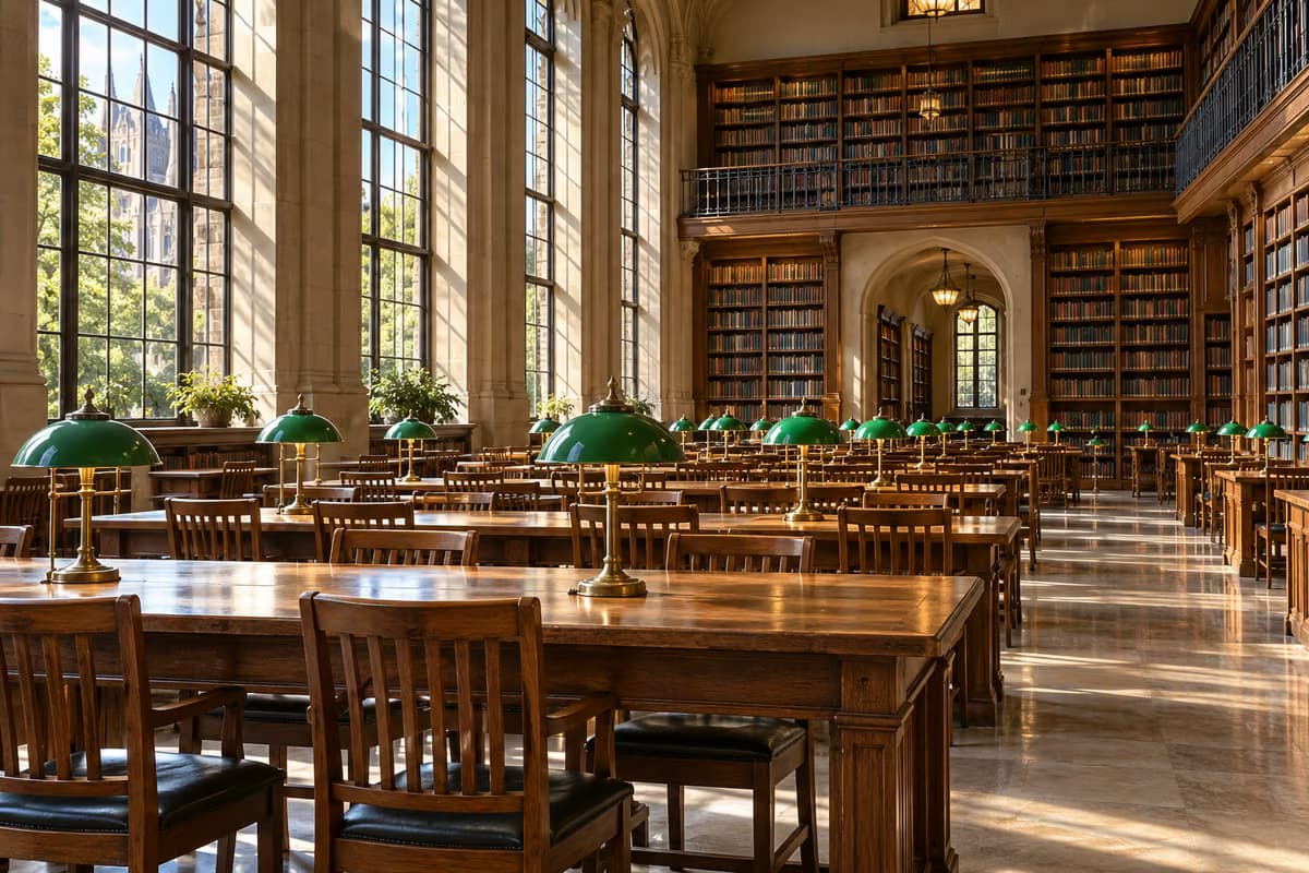 Pusta czytelnia biblioteki z długimi drewnianymi stołami, zielonymi lampkami, wysokimi oknami i wysokimi regałami pełnymi książek.