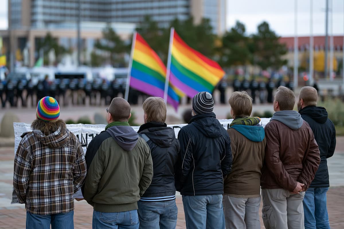 Kontrmanifestanci trzymający transparenty i tęczowe flagi na placu w Magdeburgu. W tle rozmazuje się kord policji.