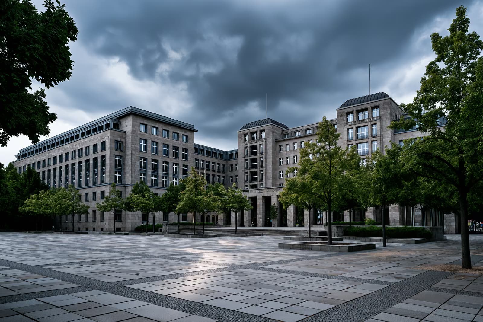 Budynek niemieckiego parlamentu federalnego widoczny na tle pustego placu publicznego pod ciężkim niebem.