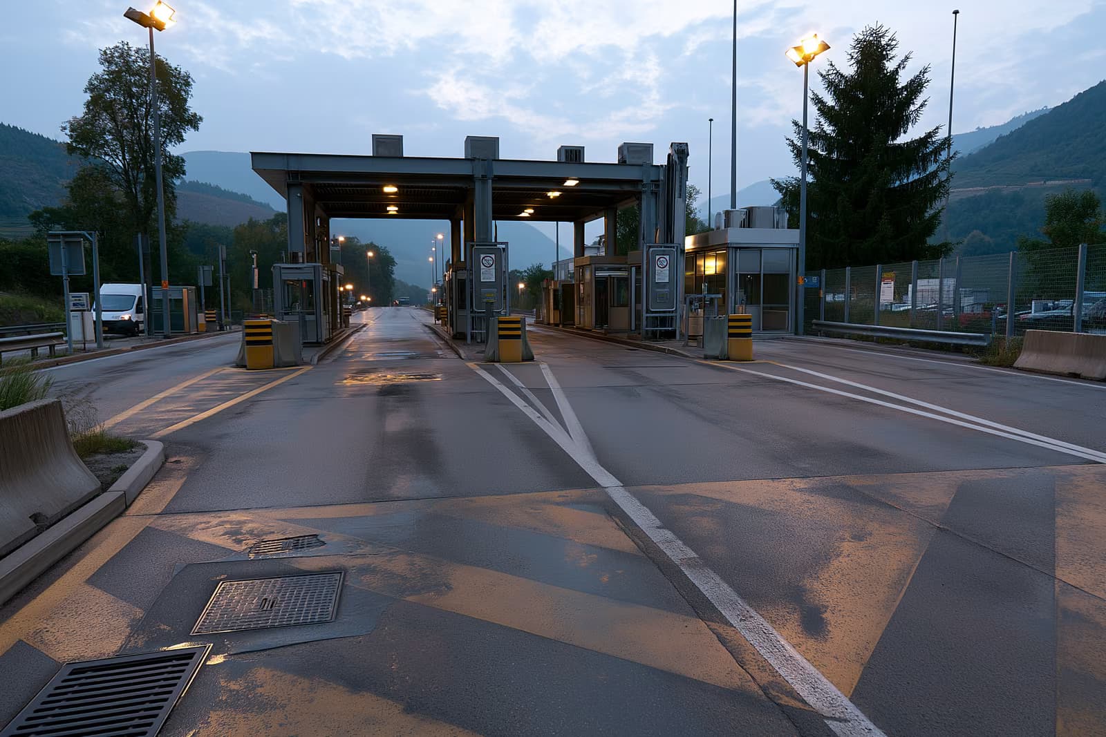 Spokojne przejście autostradowe na granicy niemiecko-austriackiej z oznakowaniem pasa ruchu i pustą budką kontrolną o świcie.
