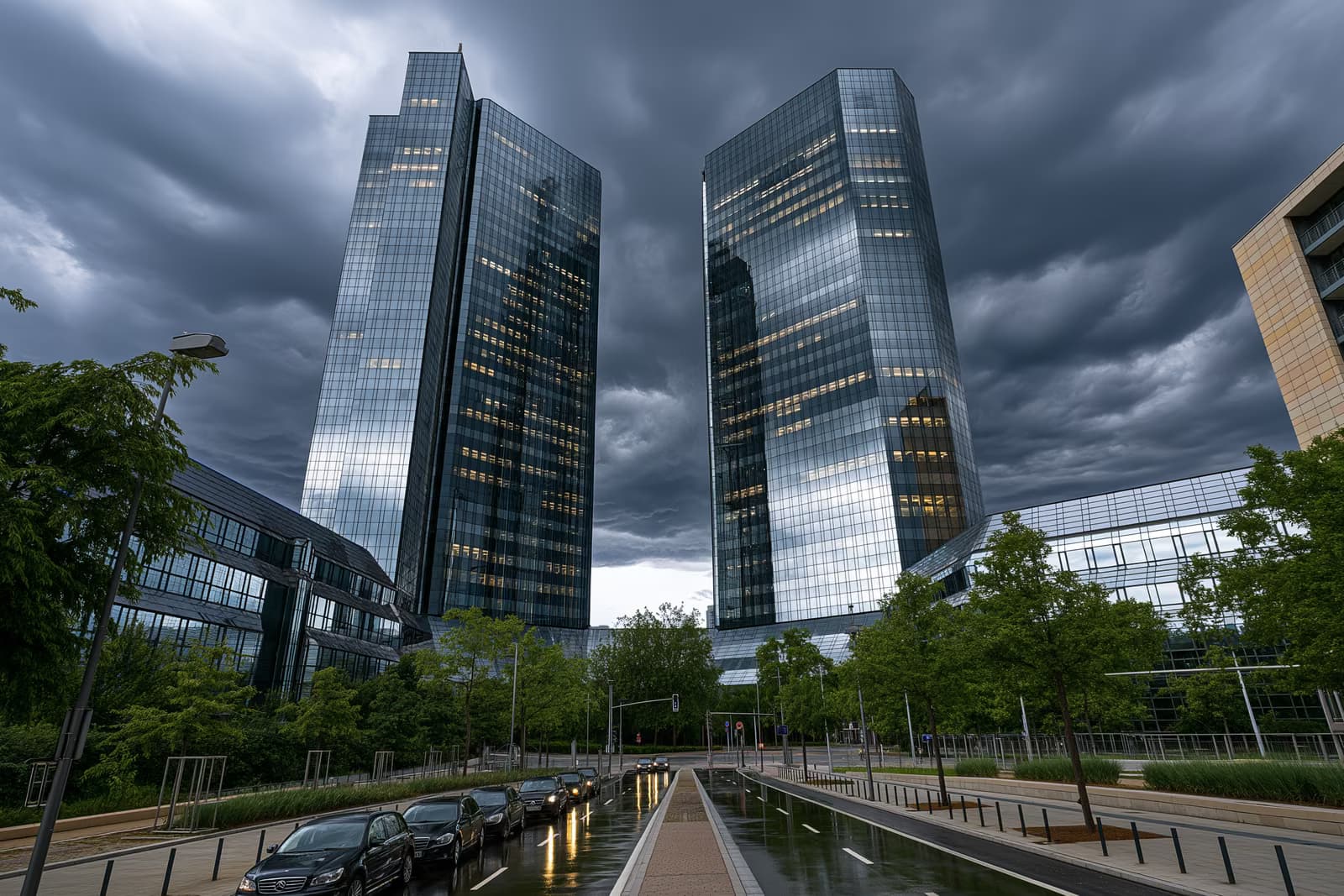 Szklane wieże siedziby banku we Frankfurcie górują nad ciemnymi chmurami po nalocie Deutsche Bank