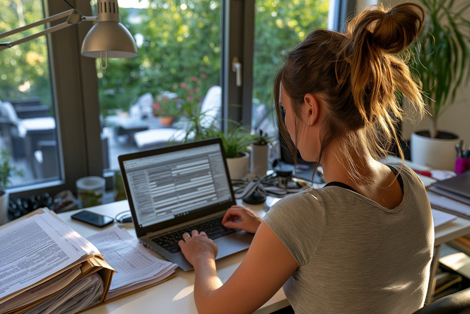 Osoba wypełnia cyfrowy wniosek o zasiłek dla bezrobotnych na laptopie w domu, zamiast wypełniać papierowe formularze dla niemieckiej Arbeitsagentur.