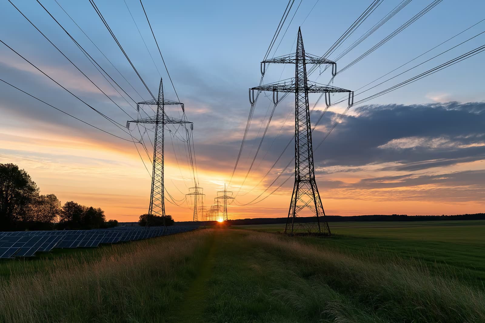 Rząd słupów linii wysokiego napięcia przecinających otwartą przestrzeń.