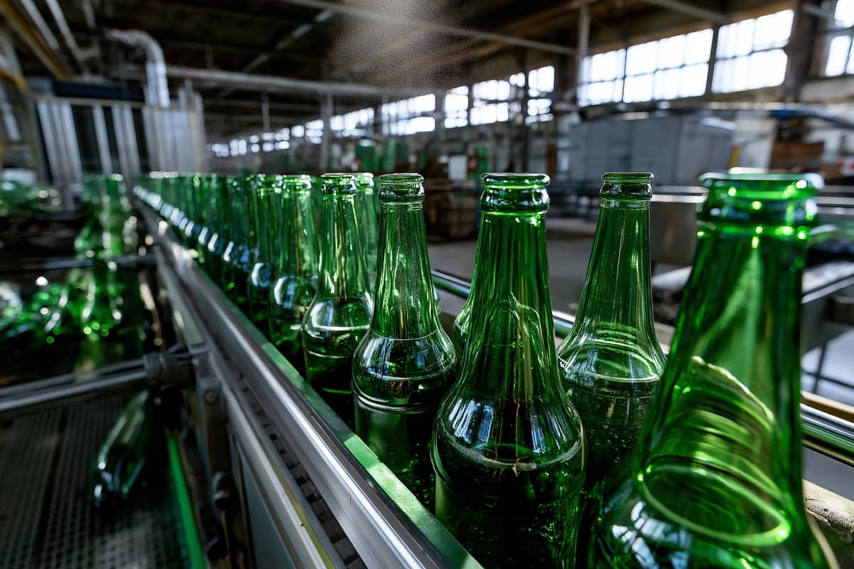 Rzędy pustych, zielonych butelek po piwie stoją na zatrzymanej linii produkcyjnej w ciemnej hali rozlewniczej