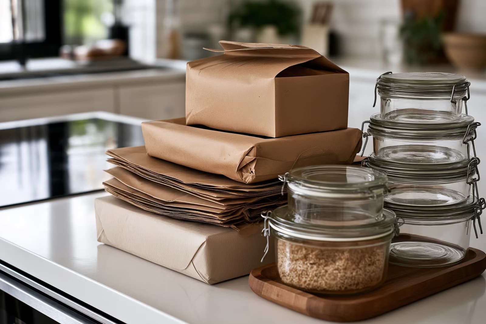 Półka supermarketu z żywnością owiniętą w papier i plastikowe opakowania w niemieckim sklepie spożywczym.