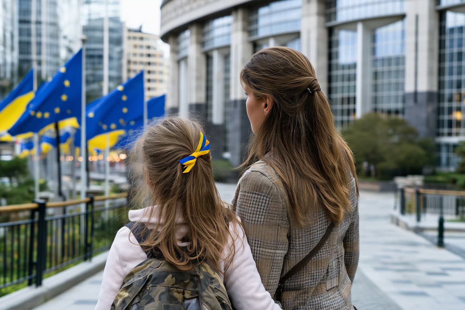 Ukraińska matka i córka patrzą na flagi UE przed budynkiem europejskiej instytucji po przedłużeniu tymczasowej ochrony dla Ukrainy