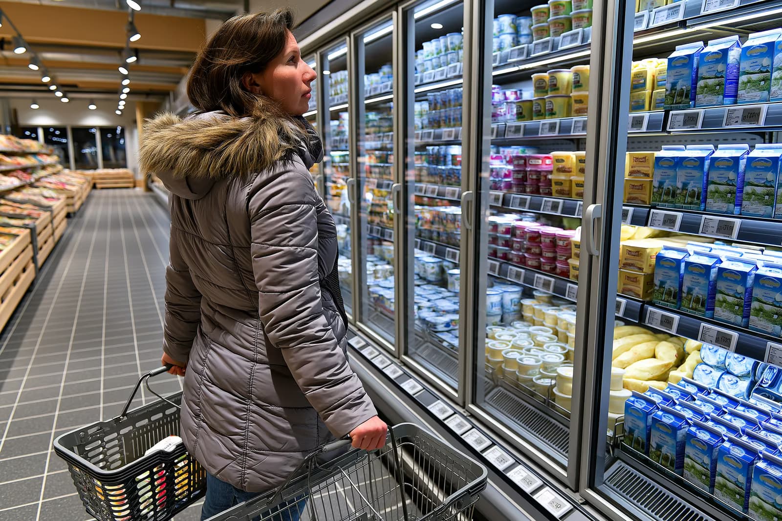 Klient porównuje ceny żywności na półkach supermarketu w Niemczech, trzymając paragon przed produktami mlecznymi i jajami.