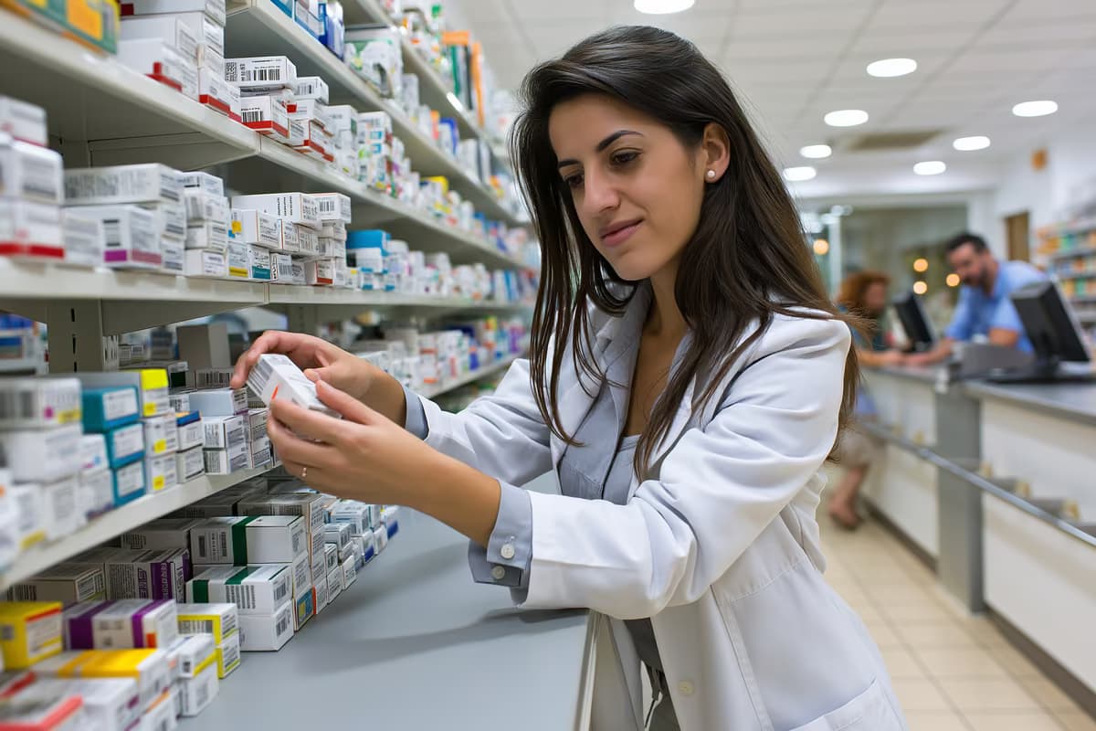 Farmaceuta układa pudełka z lekami na półce za ladą w jasnej niemieckiej aptece.