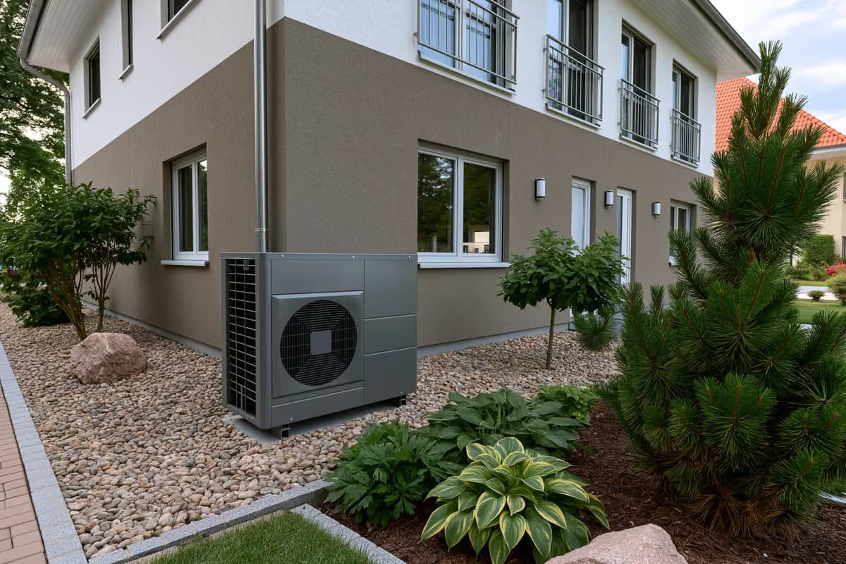 Nowoczesna pompa ciepła zainstalowana na zewnątrz domu mieszkalnego w Niemczech.