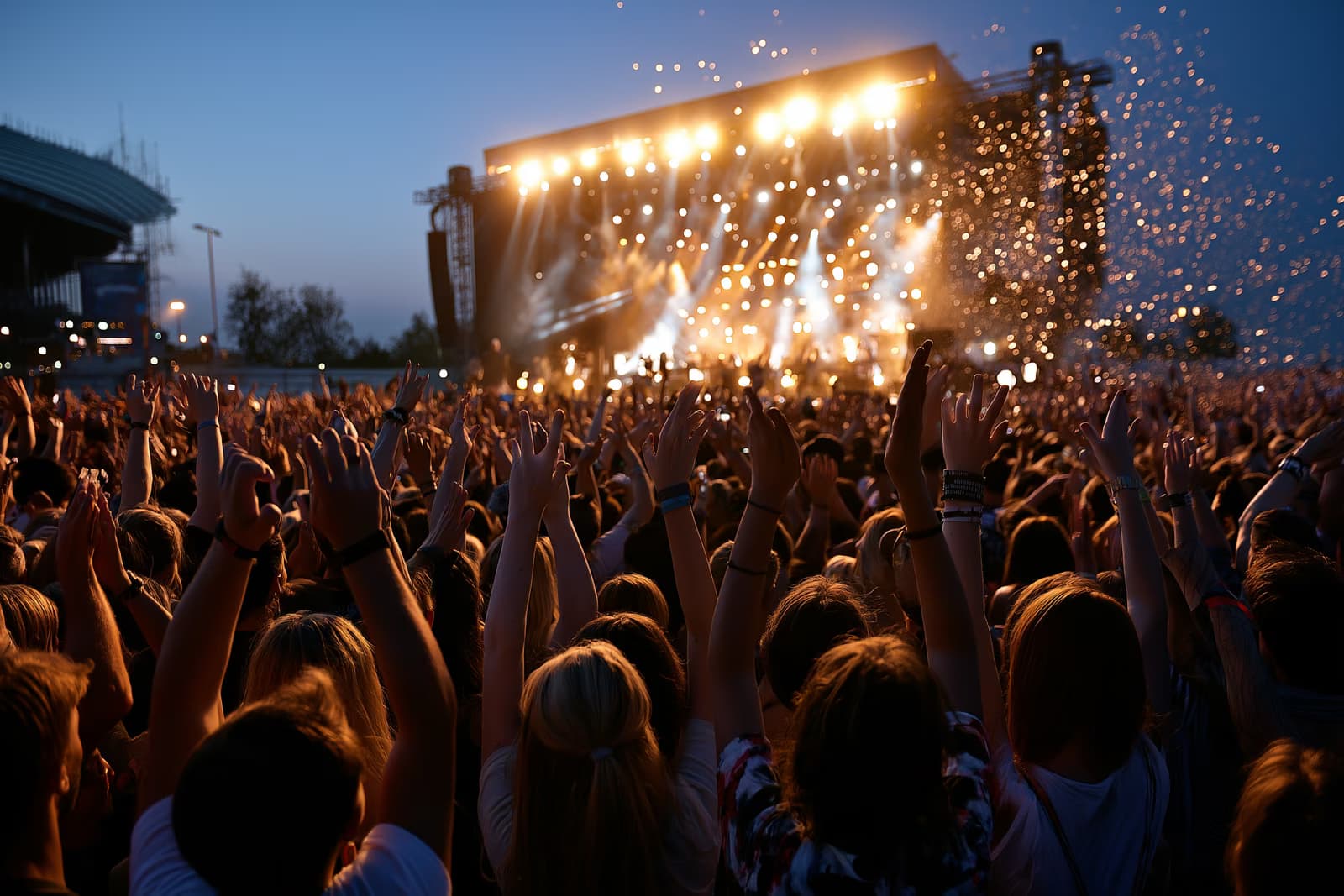 Ogromny tłum festiwalowy z uniesionymi rękami przed rozświetloną główną sceną festiwalu Lollapalooza Berlin w Olympiapark nocą