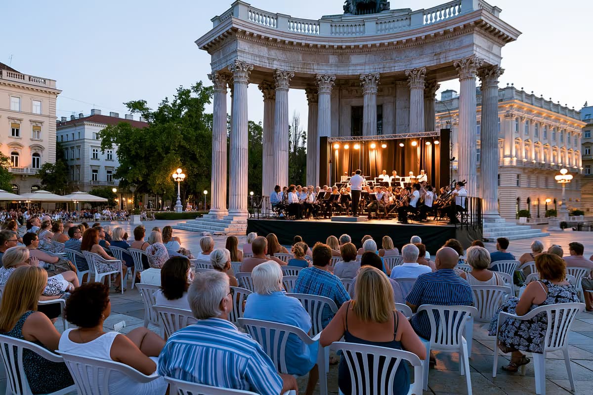 Koncert muzyki klasycznej na świeżym powietrzu, na historycznym placu w Monachium o zmierzchu.