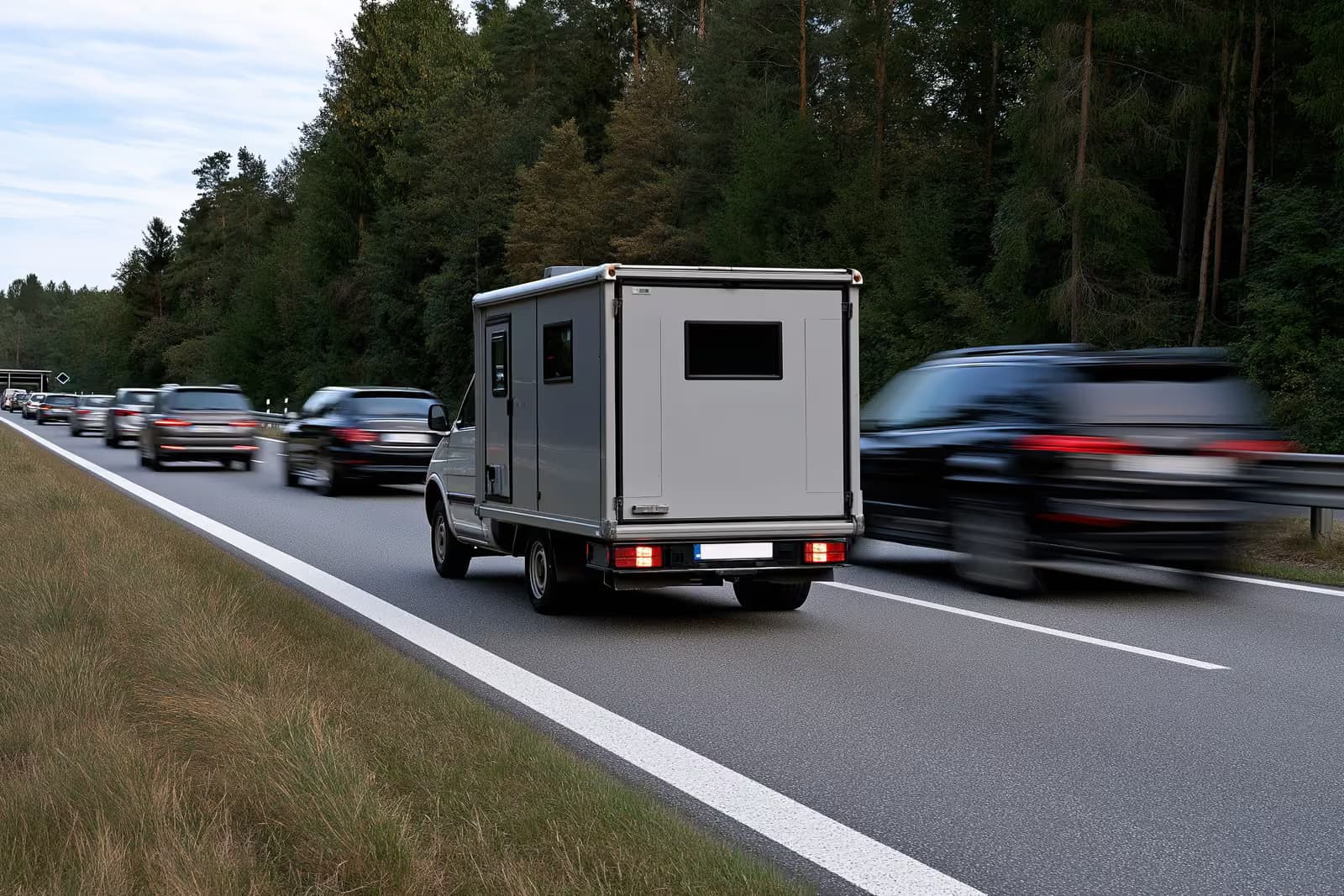 Mobilny fotoradar umieszczony przy drodze, w pobliżu szkoły w niemieckim mieście.