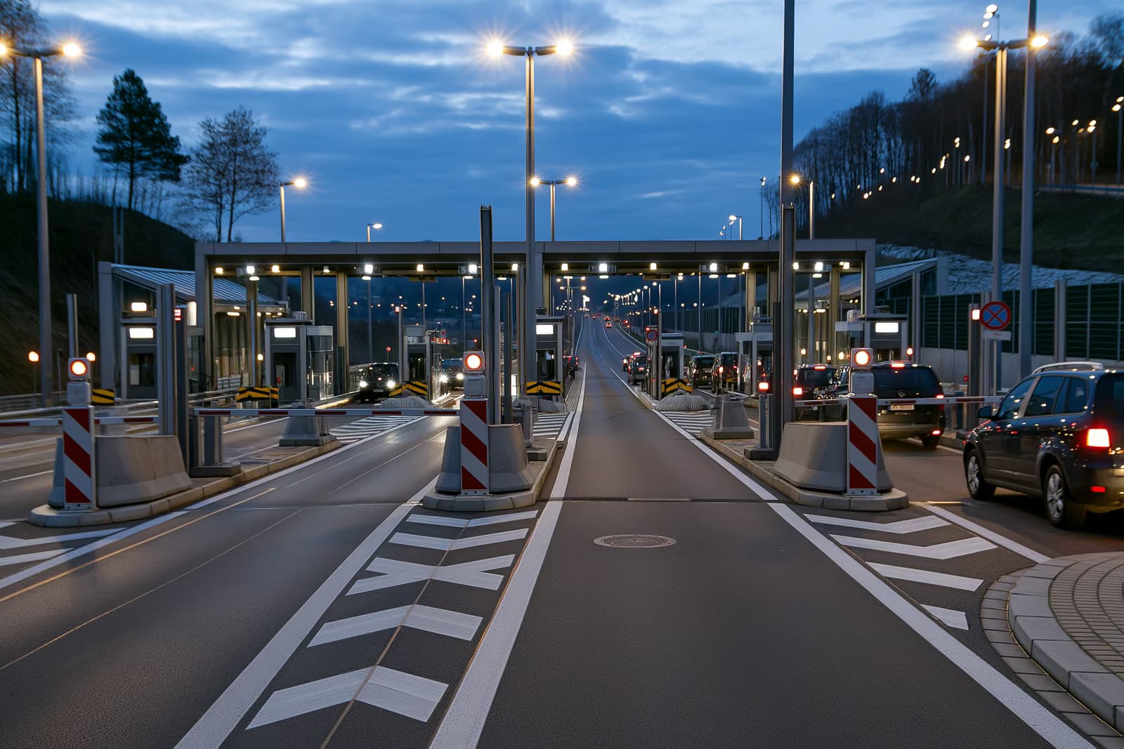 Cichy, europejski punkt kontroli granicznej na autostradzie, z barierami otwieranymi o zmierzchu.