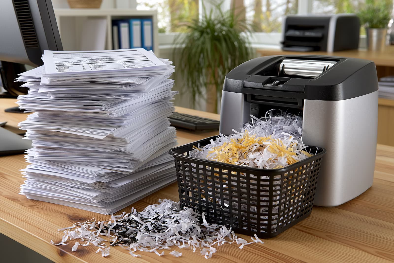 Wysoki stos formularzy papierowych stoi obok niszczarki na biurku w urzędzie państwowym, symbolizując ulgę w biurokracji