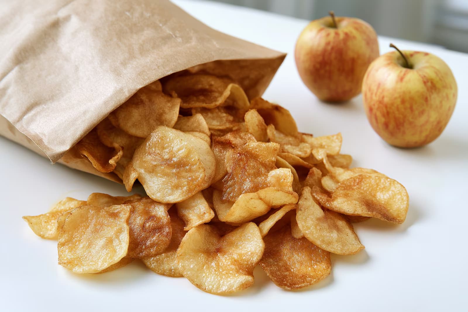 Opakowanie dziecięcych chipsów jabłkowych na półce w kuchni, obok którego znajduje się symbol ostrzegawczy.