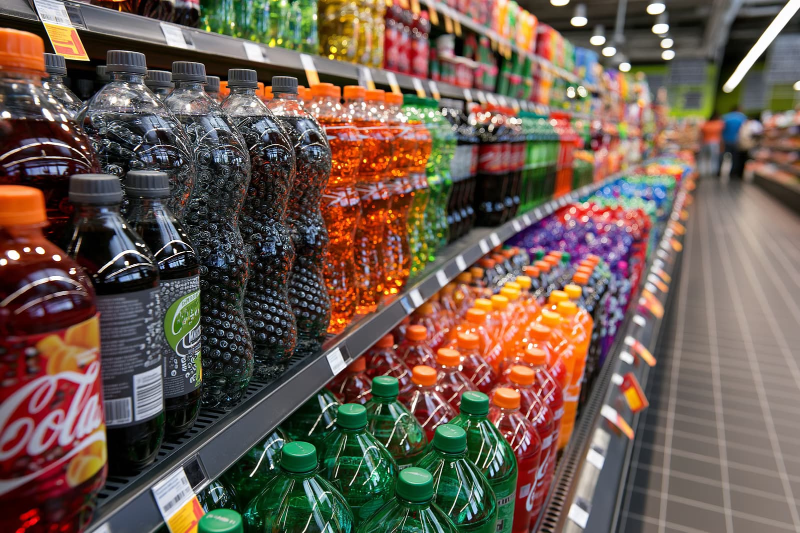 Rzędy kolorowych butelek z napojami bezalkoholowymi w jasno oświetlonym dziale niemieckiego supermarketu - produkty, które miałyby zostać objęte planowanym podatkiem cukrowym.