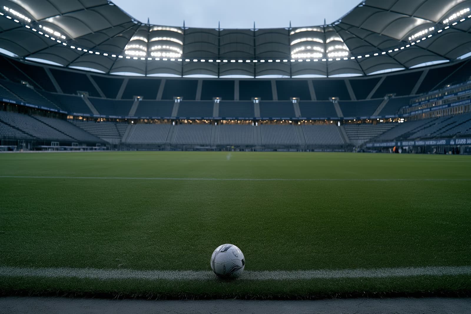 Pusty stadion piłkarski w Hamburgu o zmierzchu, z włączonymi reflektorami i samotną piłką na środku boiska po opuszczeniu HSV przez Vuskovicia.