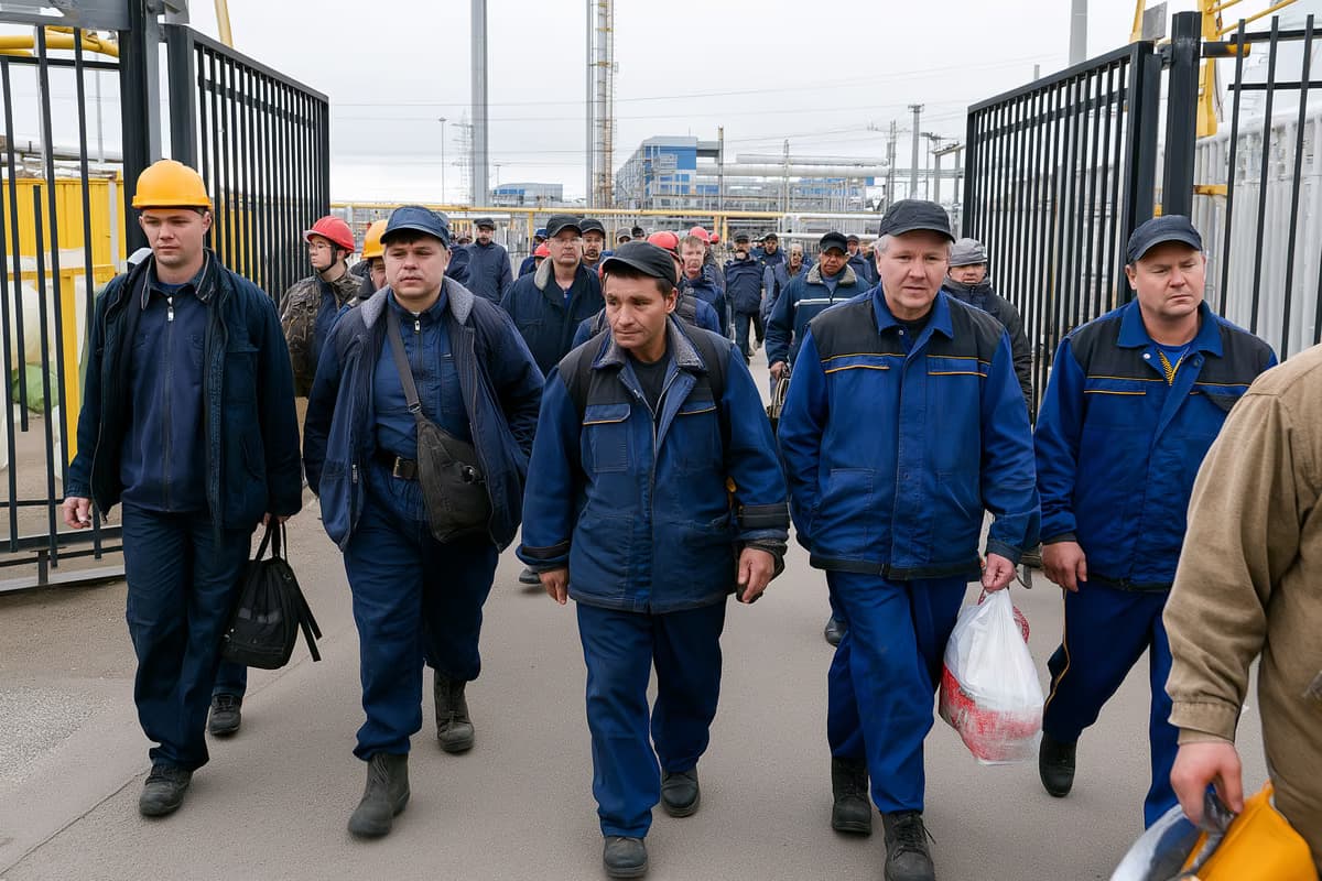 Pracownicy fabryki w kombinezonach przechodzą przez bramę zakładu podczas zmiany zmiany pod zachmurzonym niebem