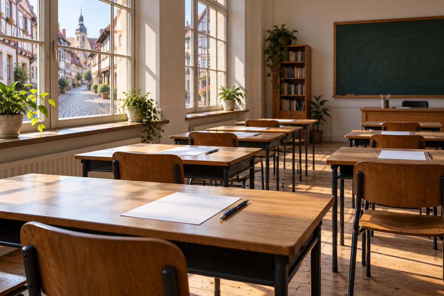 Pusta sala lekcyjna z drewnianymi ławkami, czystymi kartkami i długopisami, okna wychodzą na brukowaną ulicę z domami o konstrukcji szachulcowej.