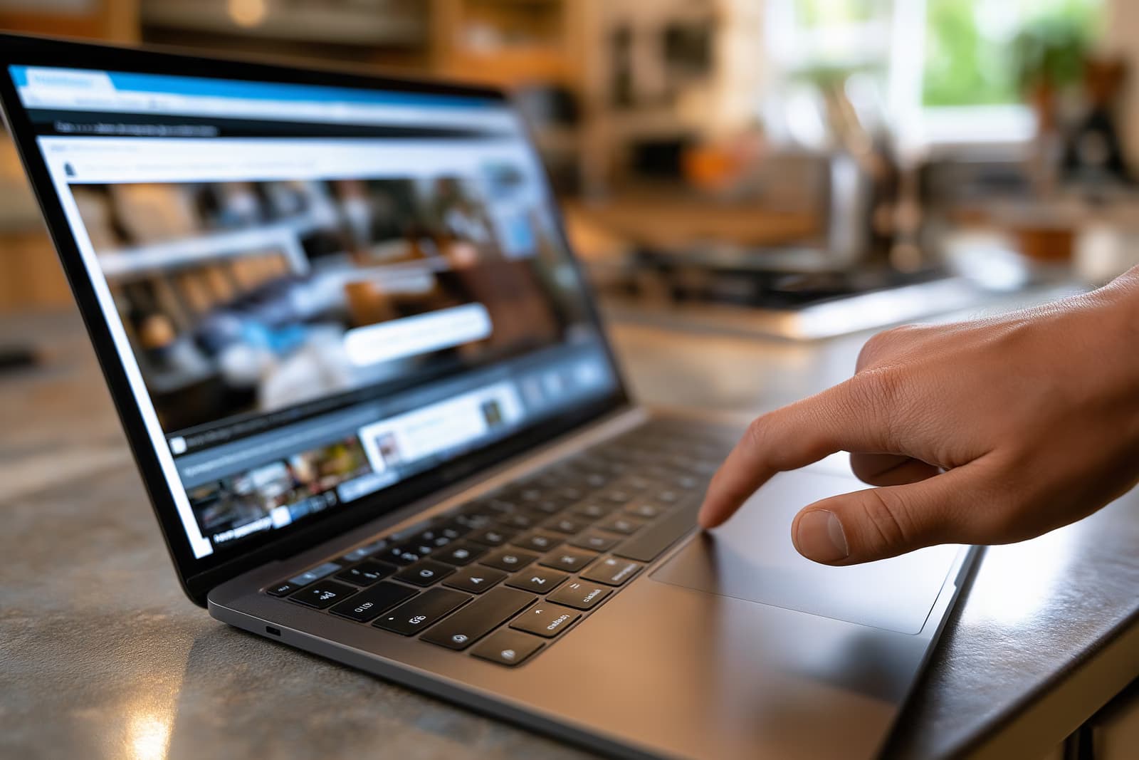 Ręka unosi się nad laptopem na kuchennym stole, pokazując stronę internetową umożliwiającą anulowanie z jednym widocznym przyciskiem
