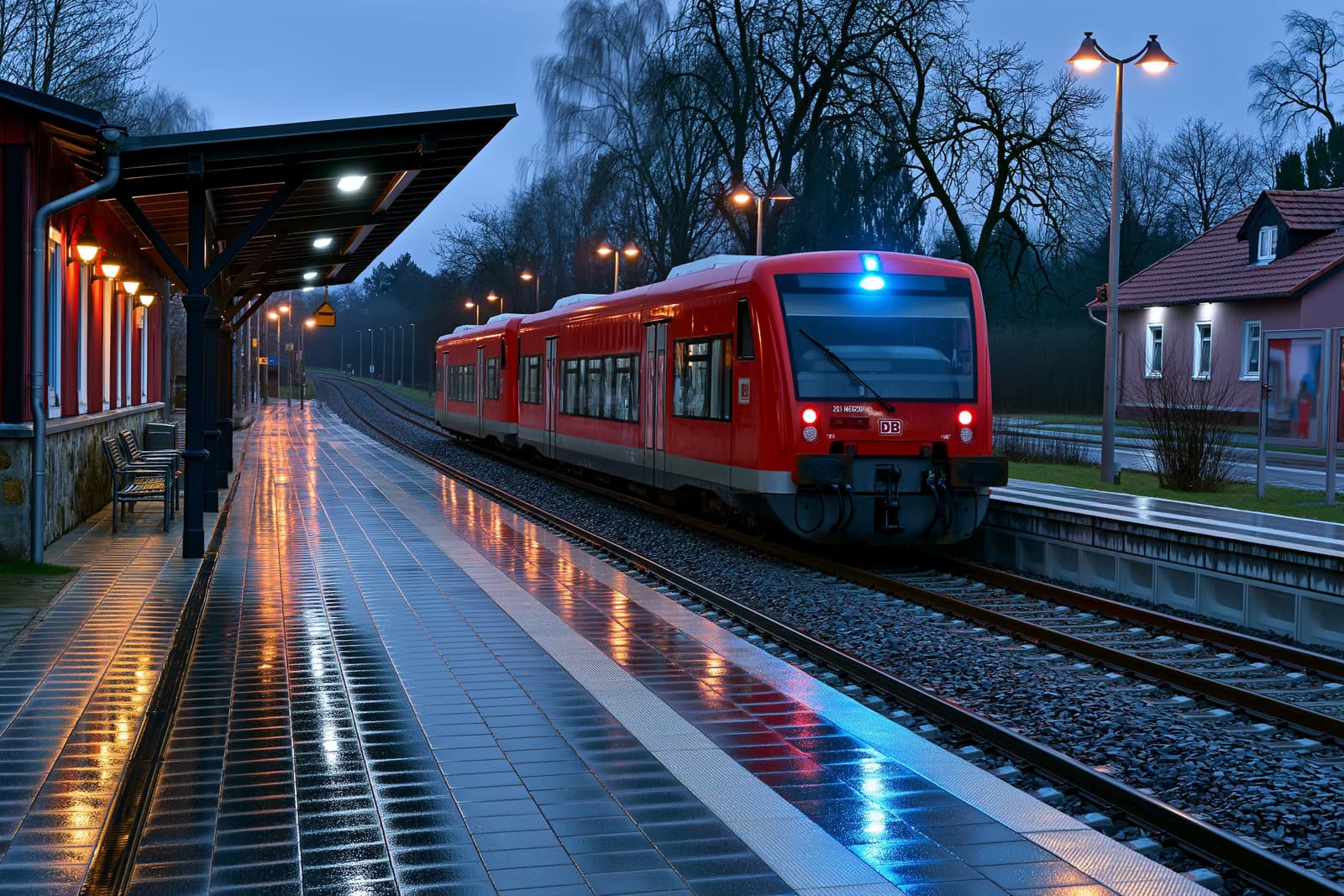 Czerwony pociąg regionalny zatrzymał się o zmierzchu na małej niemieckiej stacji, a niebieskie światła awaryjne odbijały się od peronu