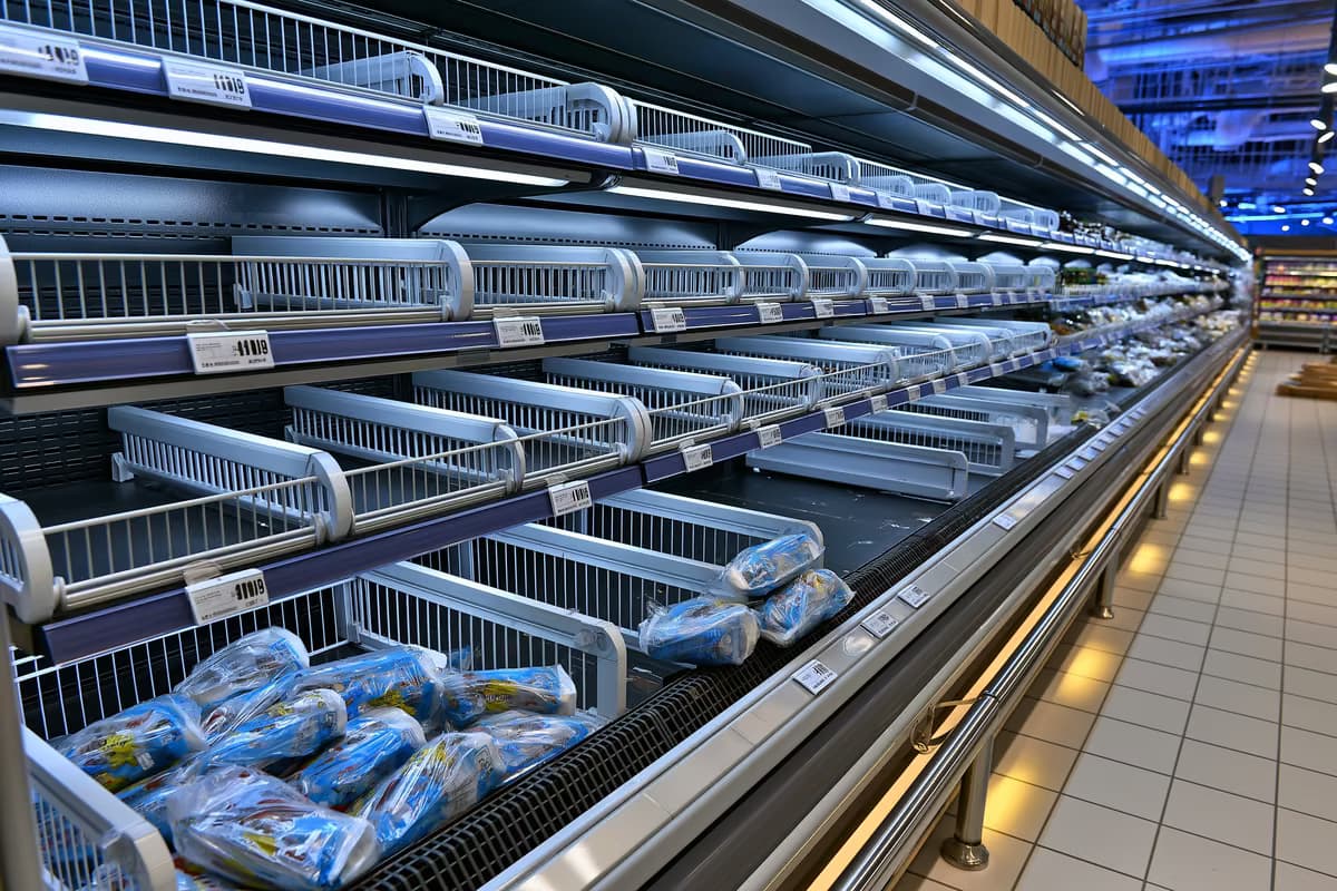 Pusta półka w chłodni supermarketu z kilkoma pozostałymi opakowaniami po wycofaniu kiełbasy ze sprzedaży w Niemczech