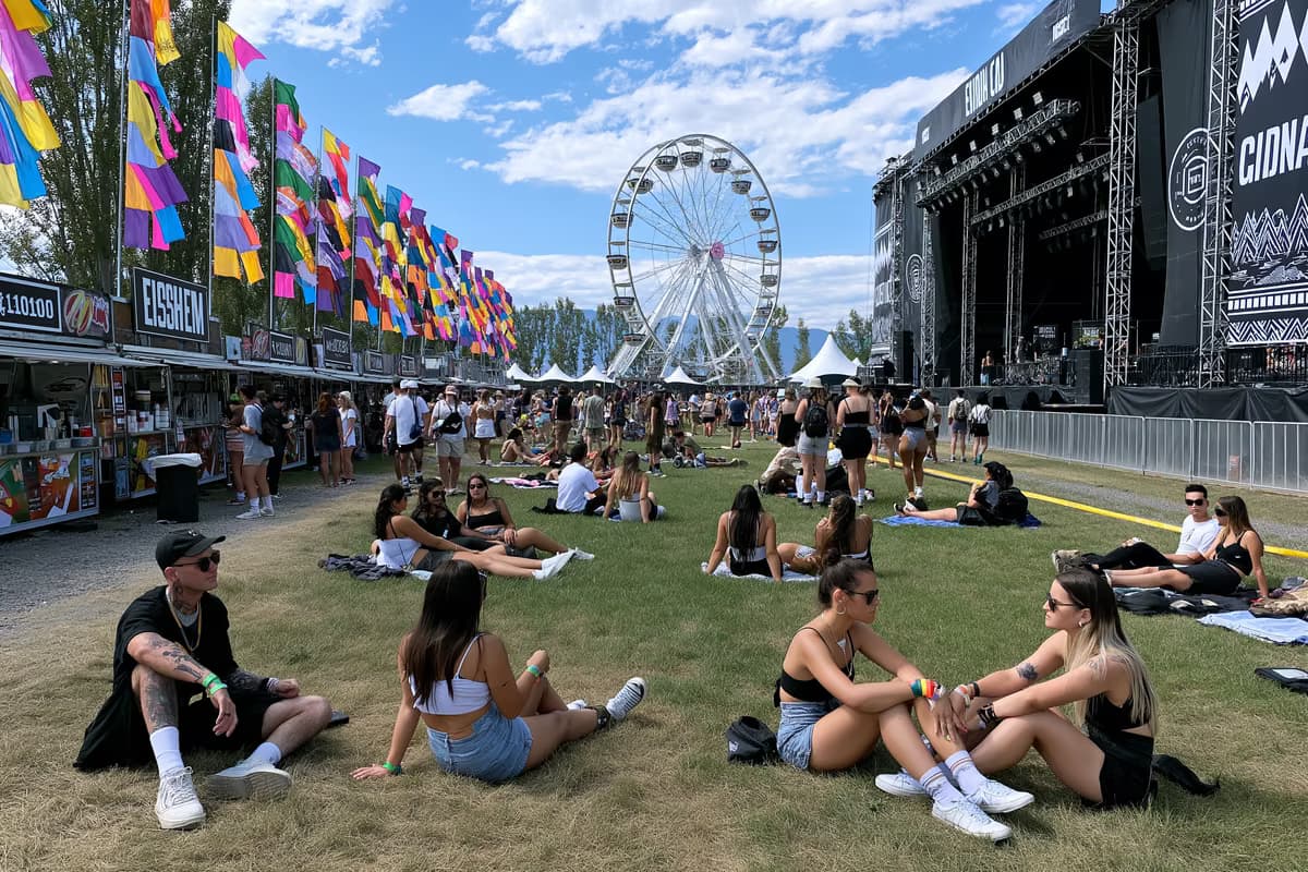 Teren festiwalu Lollapalooza Berlin w ciągu dnia z kolorowymi flagami, stoiskami z jedzeniem i odwiedzającymi relaksującymi się na trawie