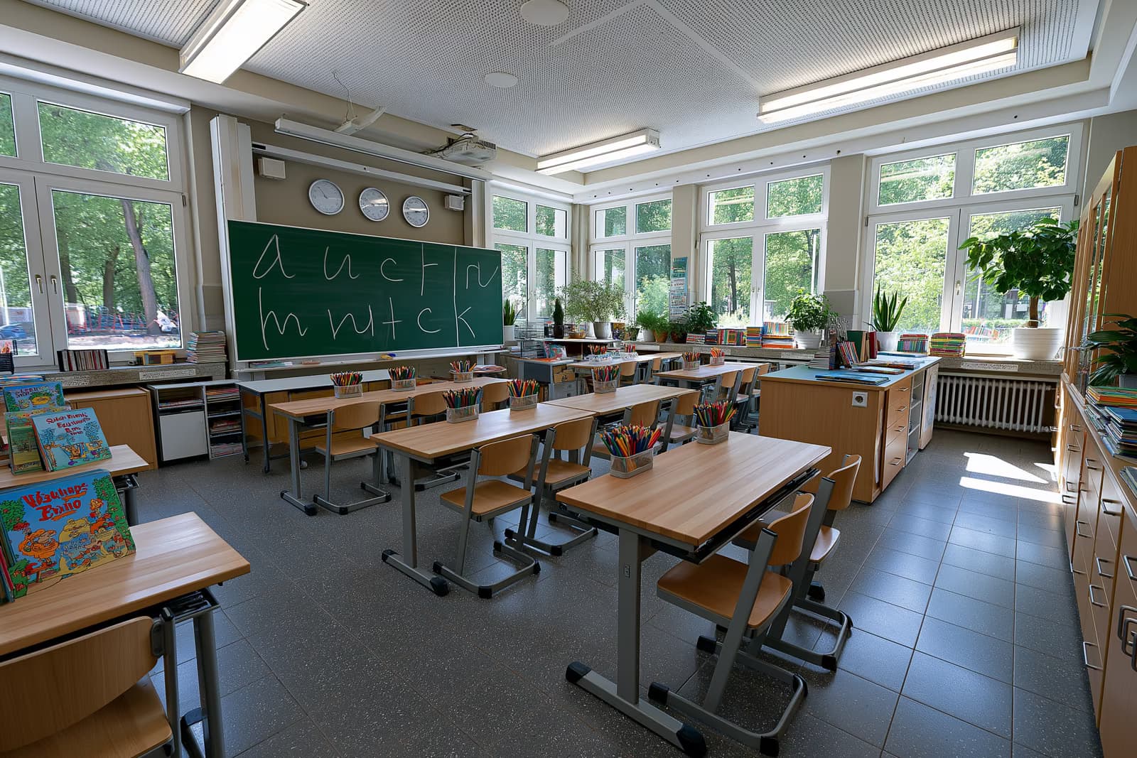 Jasna sala lekcyjna szkoły podstawowej z kształtami liter na zielonej tablicy, gotowa na nowe zajęcia językowe ABC w Nadrenii Północnej-Westfalii.